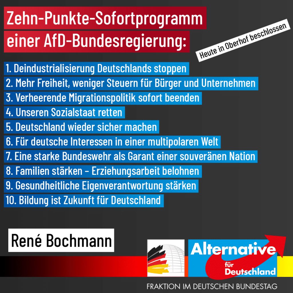 +++ Zehn-Punkte-Sofortprogramm einer AfD-Bundesregierung +++